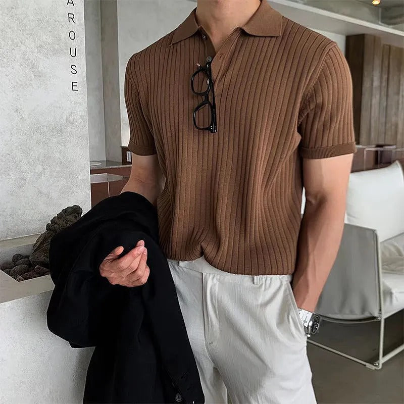 Retro Knitting Lapel Stripe Polo Shirt