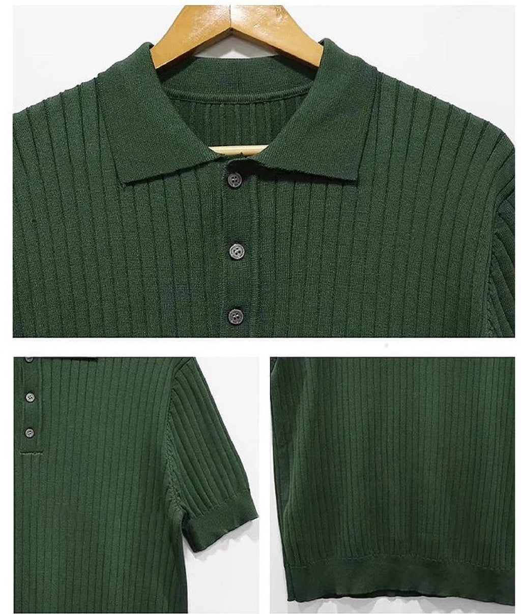 Retro Knitting Lapel Stripe Polo Shirt