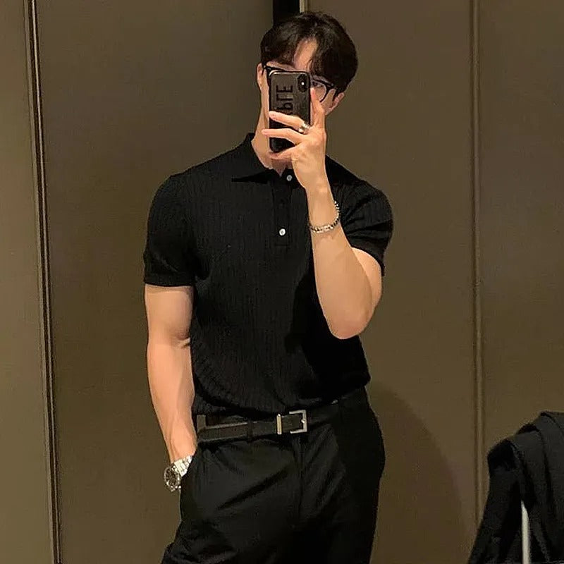 Retro Knitting Lapel Stripe Polo Shirt